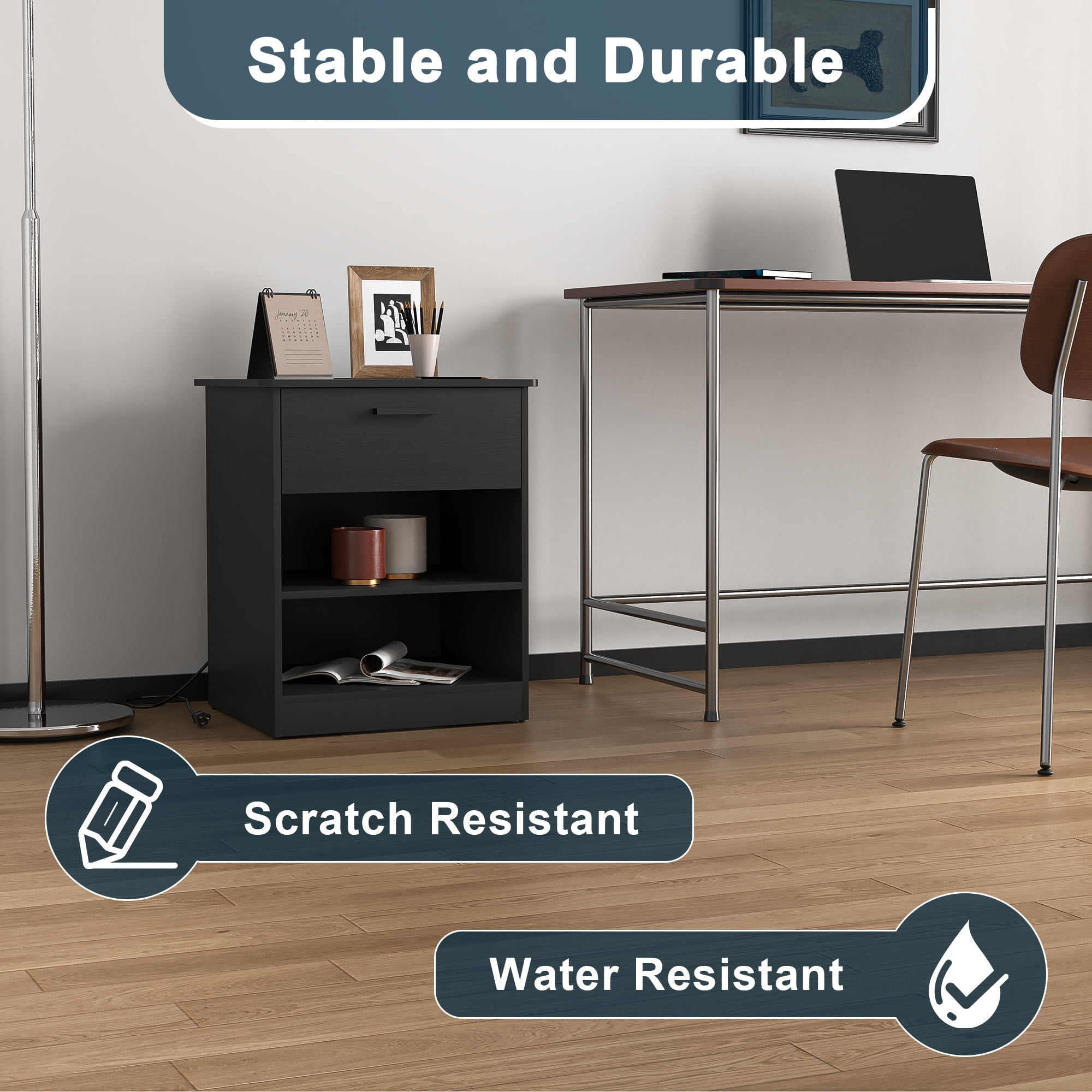 Demi Bonn 18.9" Side Table with Fast Charging Station USB C Cable Fast Charging, Wood End Table Nightstand with Drawer and Shelf for Living Room, Black