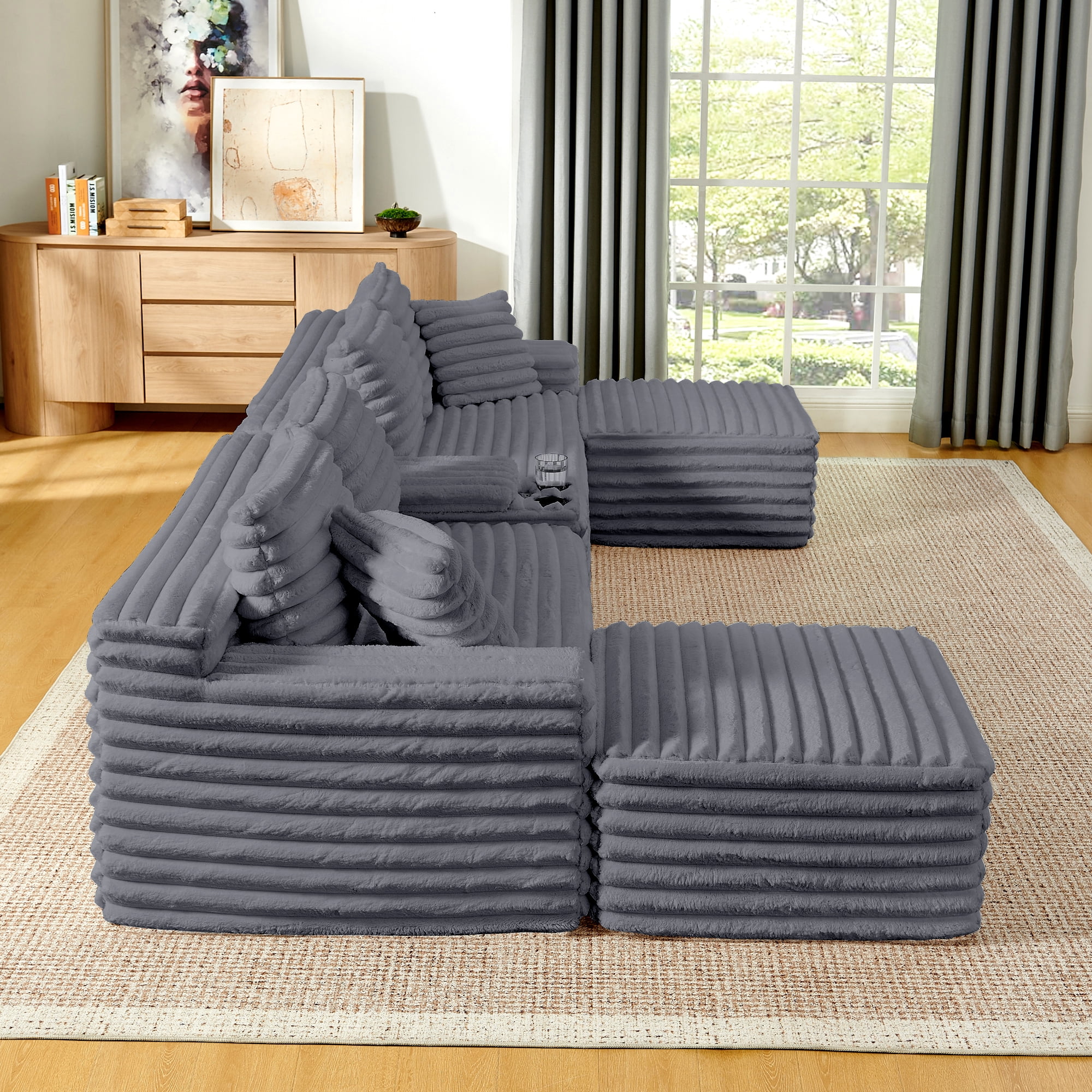 BSHTI 127" Corduroy U Shape Sectional Sofa with Console, Cup Holders, USB Port, 2 Ottomans for Living Room（Gray）