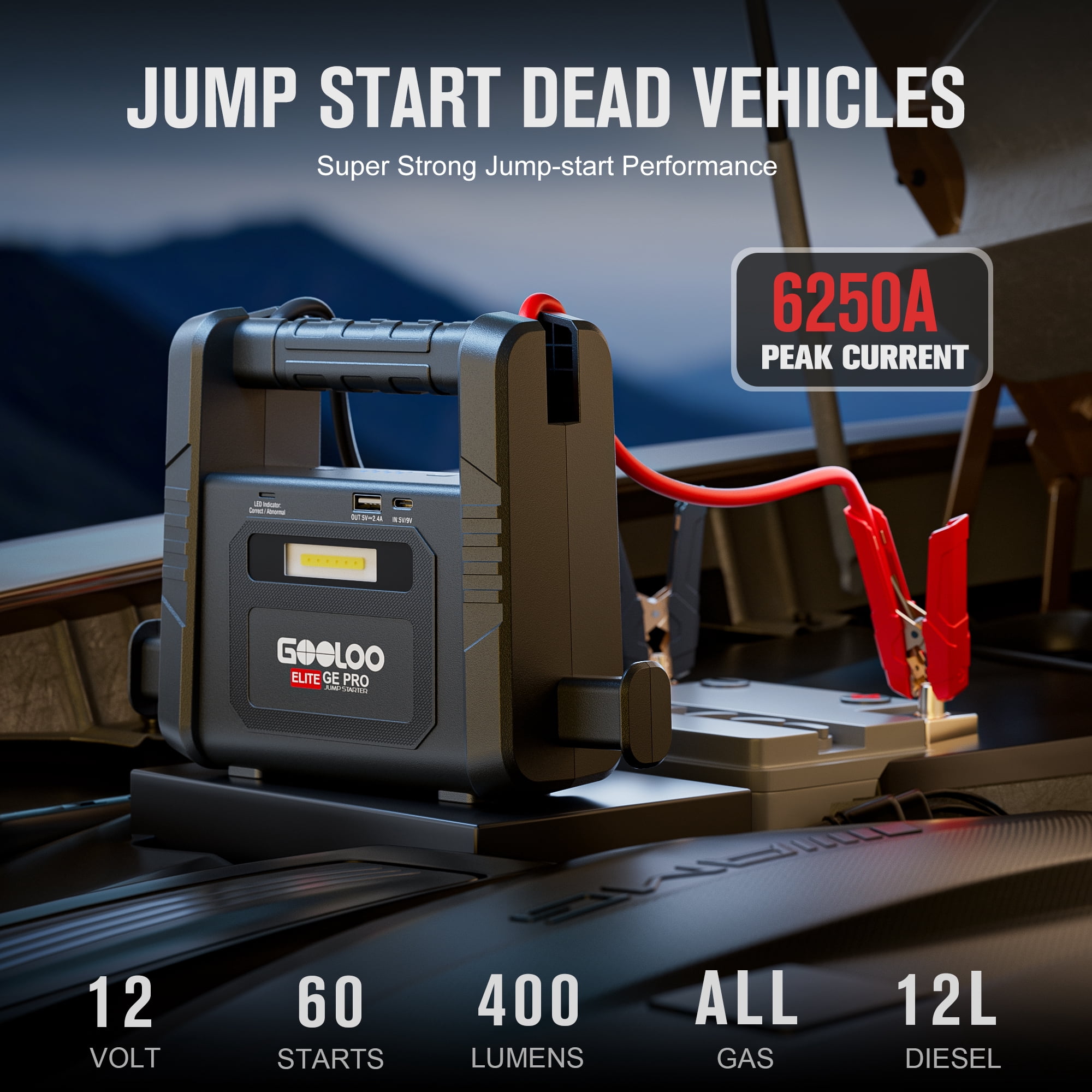 GOOLOO GE PRO 6250A Jump Starter with Built-in Clamps & Handle, for 12V All Gas & 12L Diesel, All-in-One Heavy Duty Battery Booster with Supersafe 10 Protections, USB Charger & 400LM LED