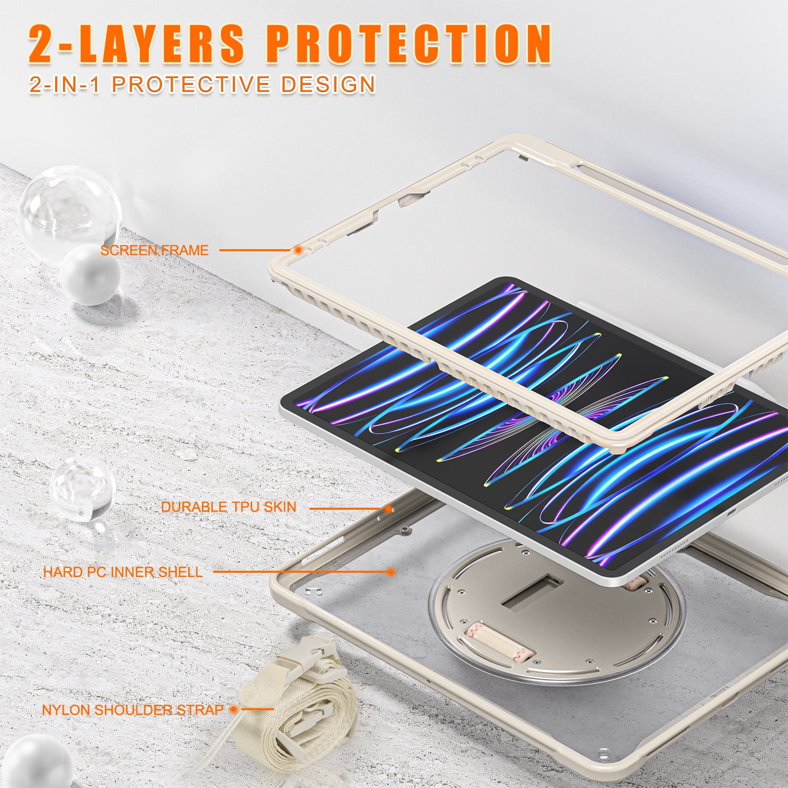 Allytech Rugged Case for Apple iPad Pro 12.9 2022/22021/2020/2018 6th/5th/4th/3rd Gen Kicktand Translucent Back Cover Shockproof Adjustable Shoulder Strap Kids Friendly with Pencil Holder-Khaki