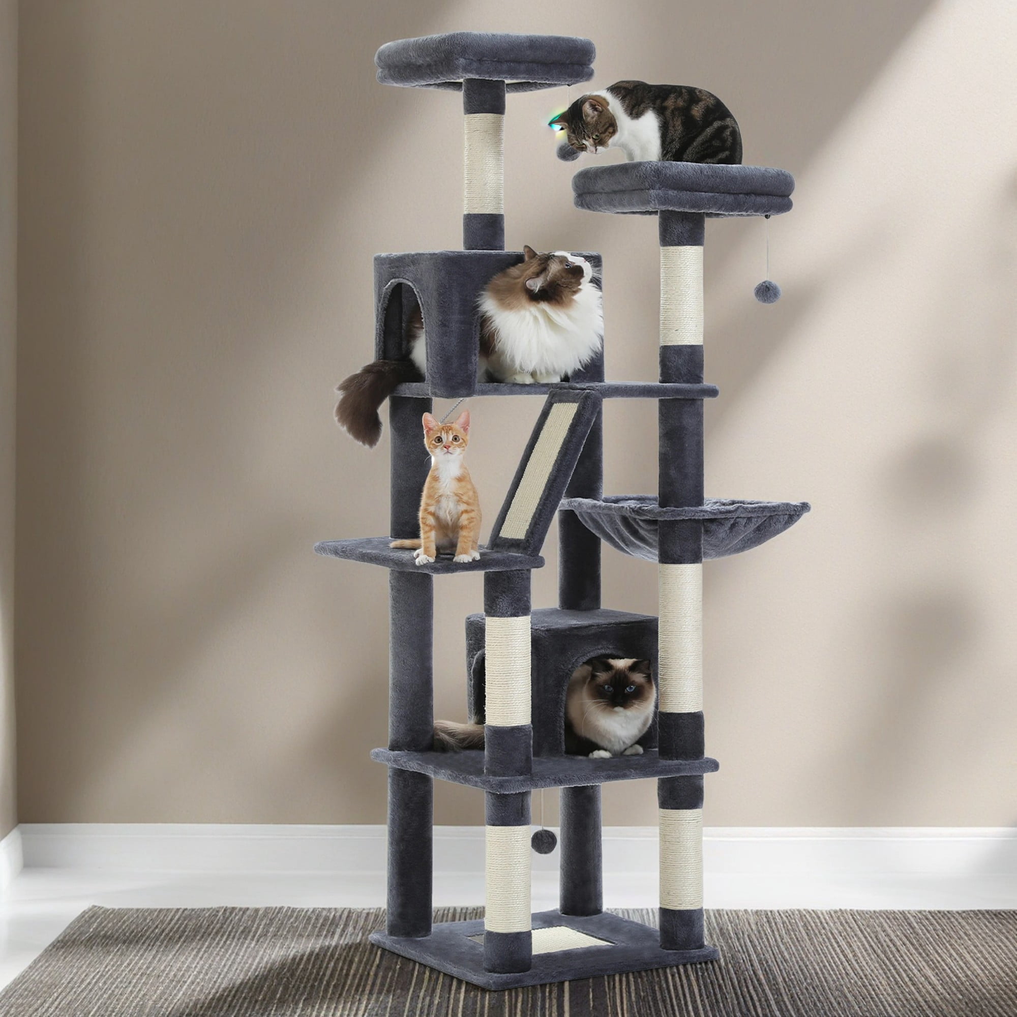 Pefilos 70" Cat Tree Tower for Indoor Cats, Multi-Level Cat Tree House Cat Scratching Post with 2 Perches, 2 Cat Condos, Hammock and 2 Pompoms, Dark Gray