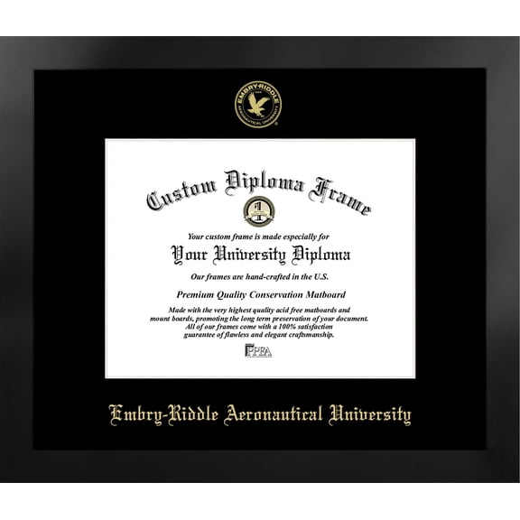 Embry-Riddle Eagles 11wx 8.5h Manhattan Black Single Mat Gold Embossed Diploma Frame with Bonus Campus Images Lithograph (value savings at $59)