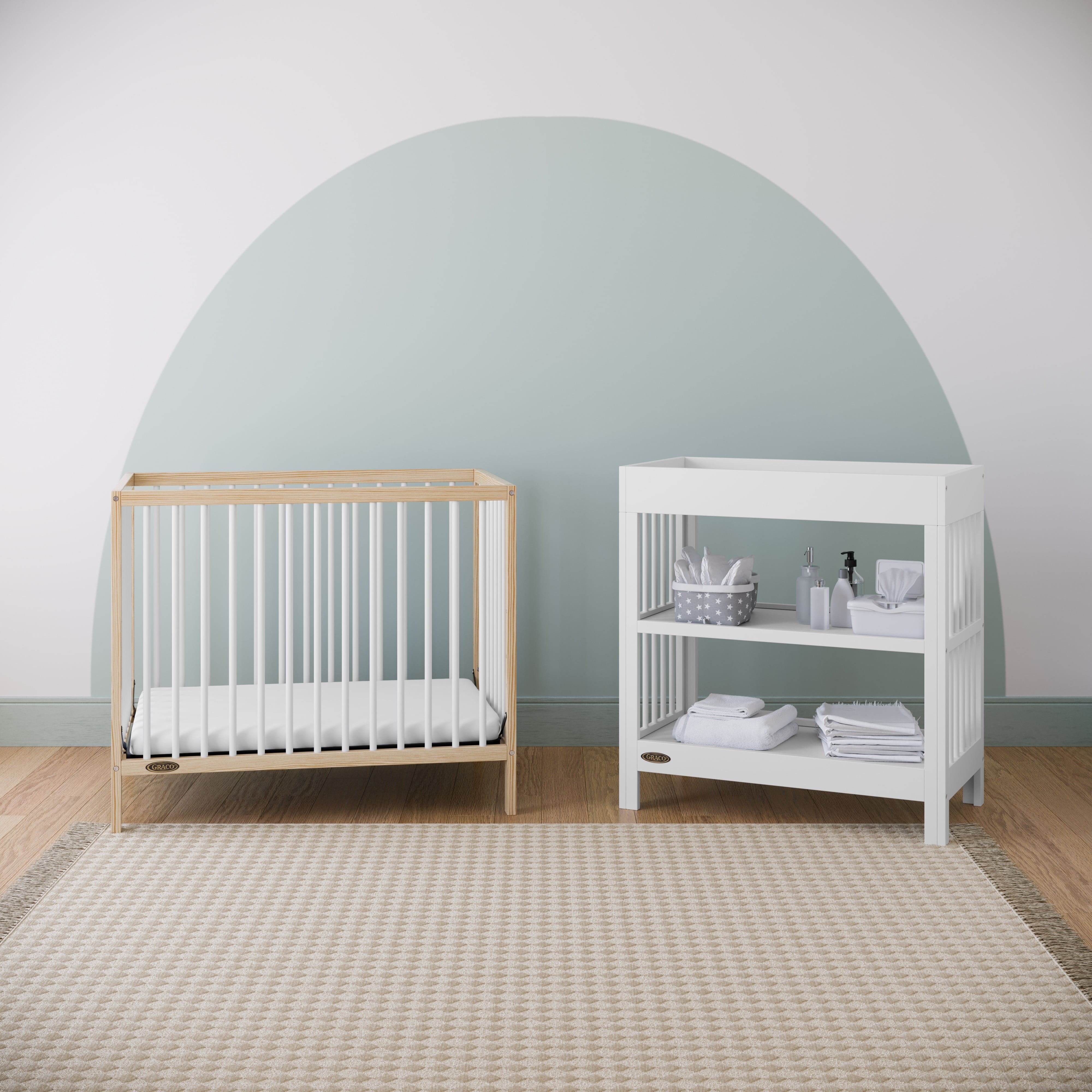 Graco Teddi 4-in-1 Convertible Mini Baby Crib with Mattress, Natural with White