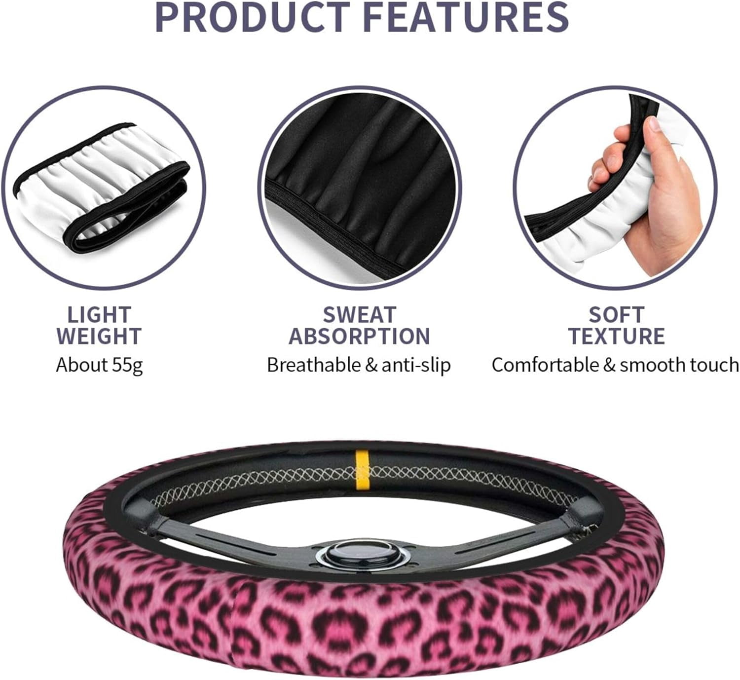 Leopard Print Pink Steering Wheel Cover Universal for 14-15 Inch Anti-Slip Breathable +2 Pieces Car Coasters, Cheetah Print hot Pink Car Wheel Cover for Women Men