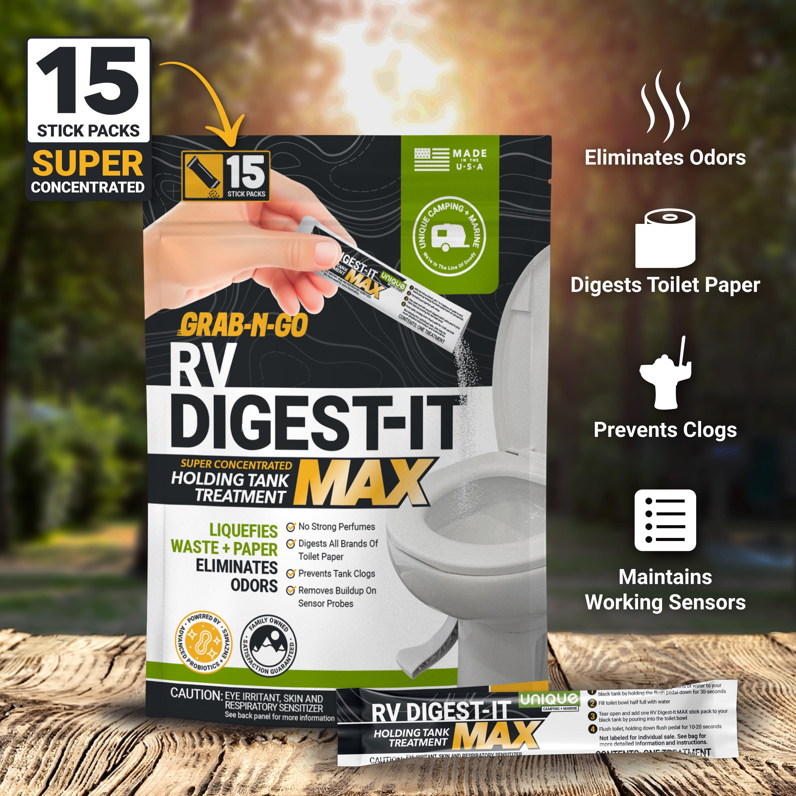Unique RV Digest-It Max RV Toilet Treatment Stick Packs, 15 Count Grab-and-Go RV Tank Treatment, No-Mess, Pre-measured, Liquefies Waste and Paper, Odor Eliminator