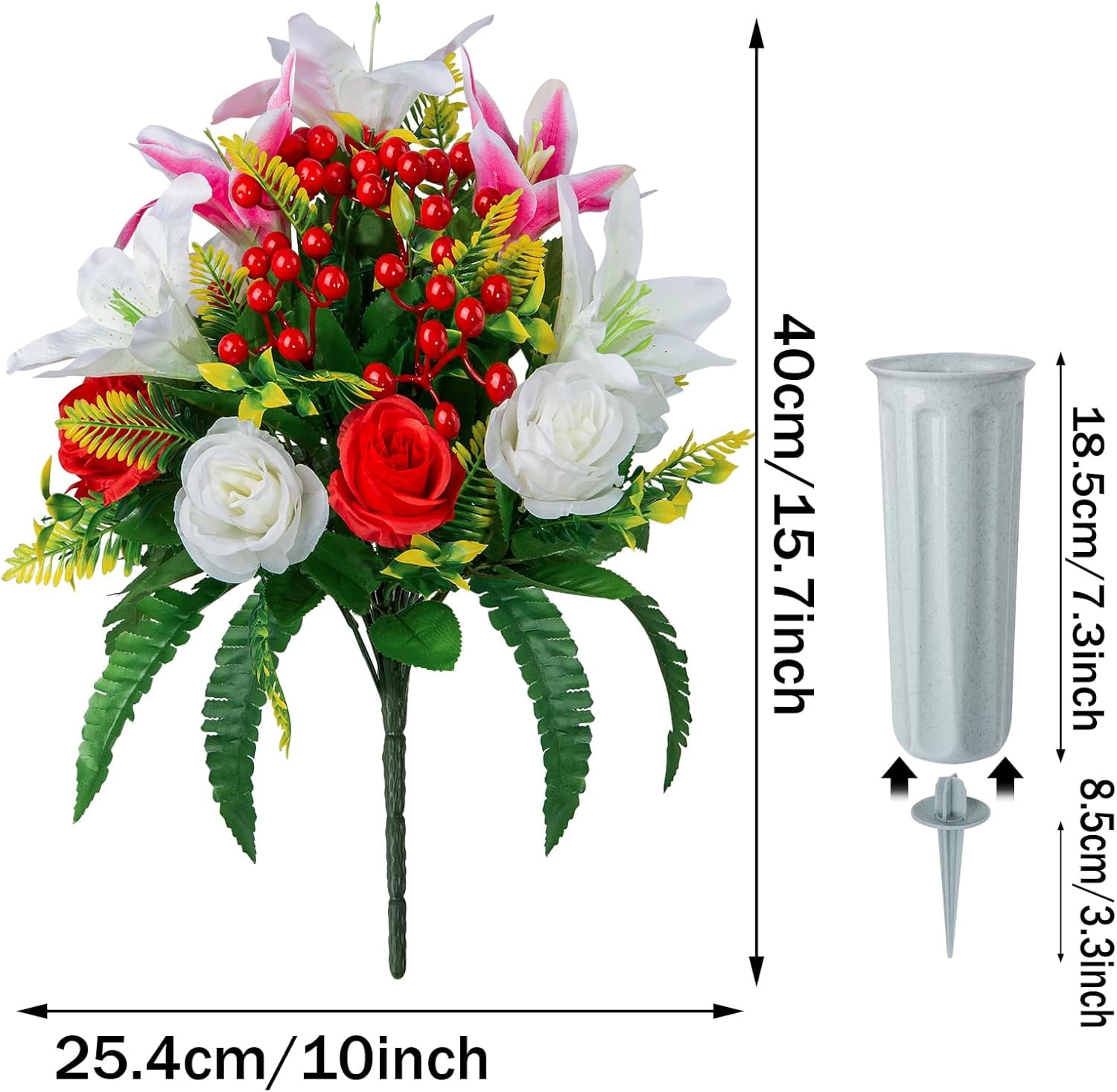 Artificial Cemetery Flowers with Vase, Artificial Rose Lily Bouquet Grave Memorial Flowers for Cemetery Headstones Gravesites Decoration (Set of 2, White&Red)