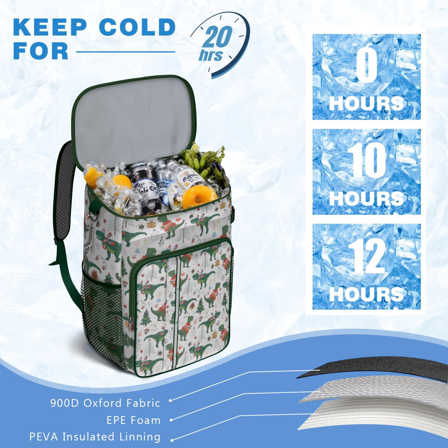 Travel Cooler Bag - Green Dinosaurs Christmas Pattern Camping Beer Cooler Backpack with Bottle Opener- Waterproof Insulated Picnic Backpacks - Cooler Bag for Beach