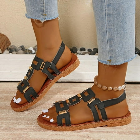 Comfortable Womens Sandals Vegan Faux Leather Ankle Strap Geometric Cutout Everyday Casual Black,Size 36