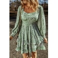 thumbnail image 2 of Women's Green Floral Print Square Neck Shirred Waist Ruffled Mini Dress, 2 of 7