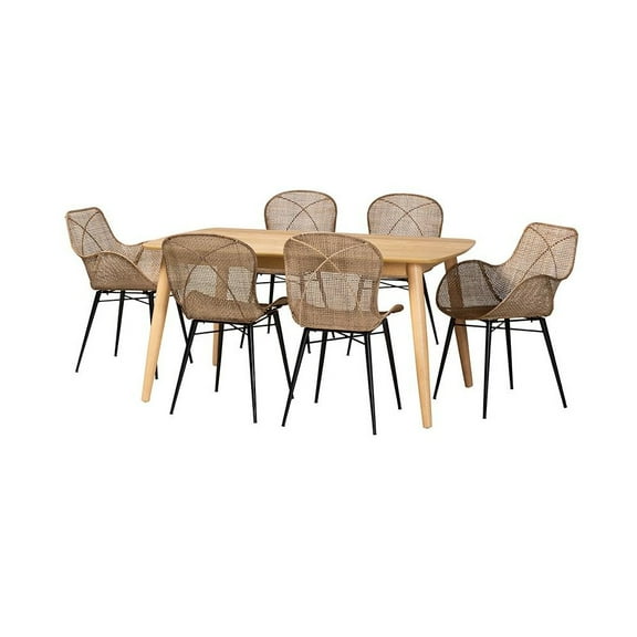 Baxton Studio Emmali Gray Rattan and Natural Brown Wood 7-Piece Dining Set