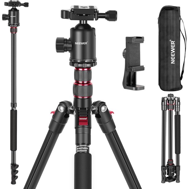 NEEWER Trípode de Cámara de 77 Pulgadas con Rótula de Bola Panorámica de 360°,Columna Central de 2 Ej,Placa QR Tipo Arca, Aluminio Coacto,Ligero,Carga Máxima de 34 lb, Bolsa de Transporte Iluida