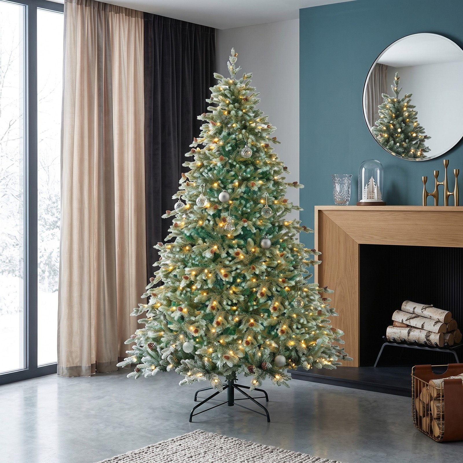 RUIE 7 FT Artificial Christmas Tree with 340 Warm White LED Lights and 69 Pine Cones, Pre-Lit Hinged Xmas Tree with Metal Stand for Home Office Holiday, Green