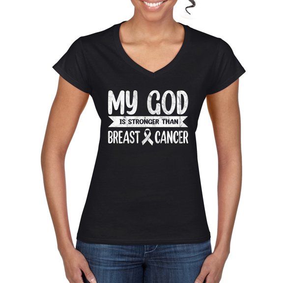 Wild Bobby My God Is Stronger Than Breast Cancer White Distressed Breast Cancer Awareness Women Standard V-Neck Tee, Black, Small