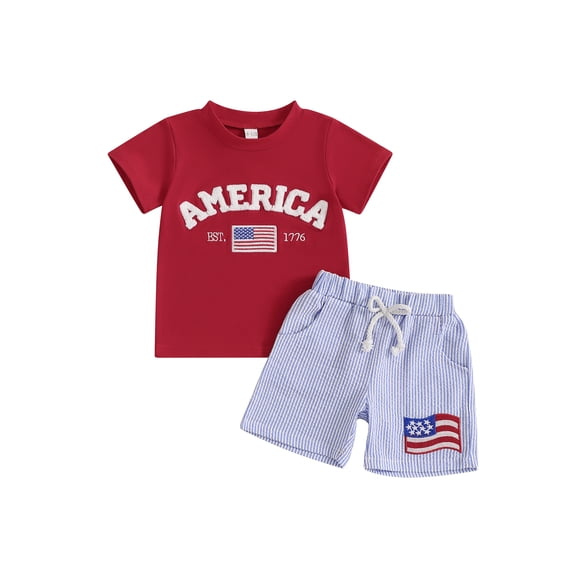 AceBaby 4th of July Outfit for Boys at 6M-4Y Letter Embroidery Short Sleeve Round Neck T-Shirt and Stripe Shorts 2Pcs Set