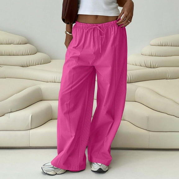 Women Yoga Pants Casual Drawstring Wide Leg Palazzo Pants Loose Comfy Trousers Pockets Hot Pink