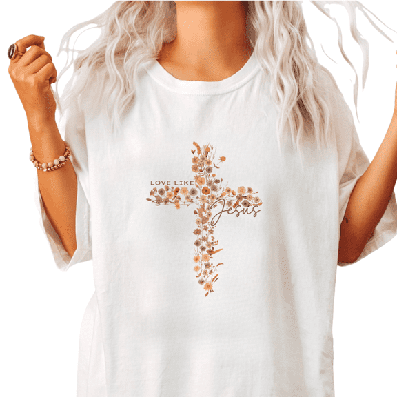 White Love Like Jesus Floral Cross T-Shirt Christian Devotion Religious Faith Inspirational Slogan Casual Everyday Tops S-5XL