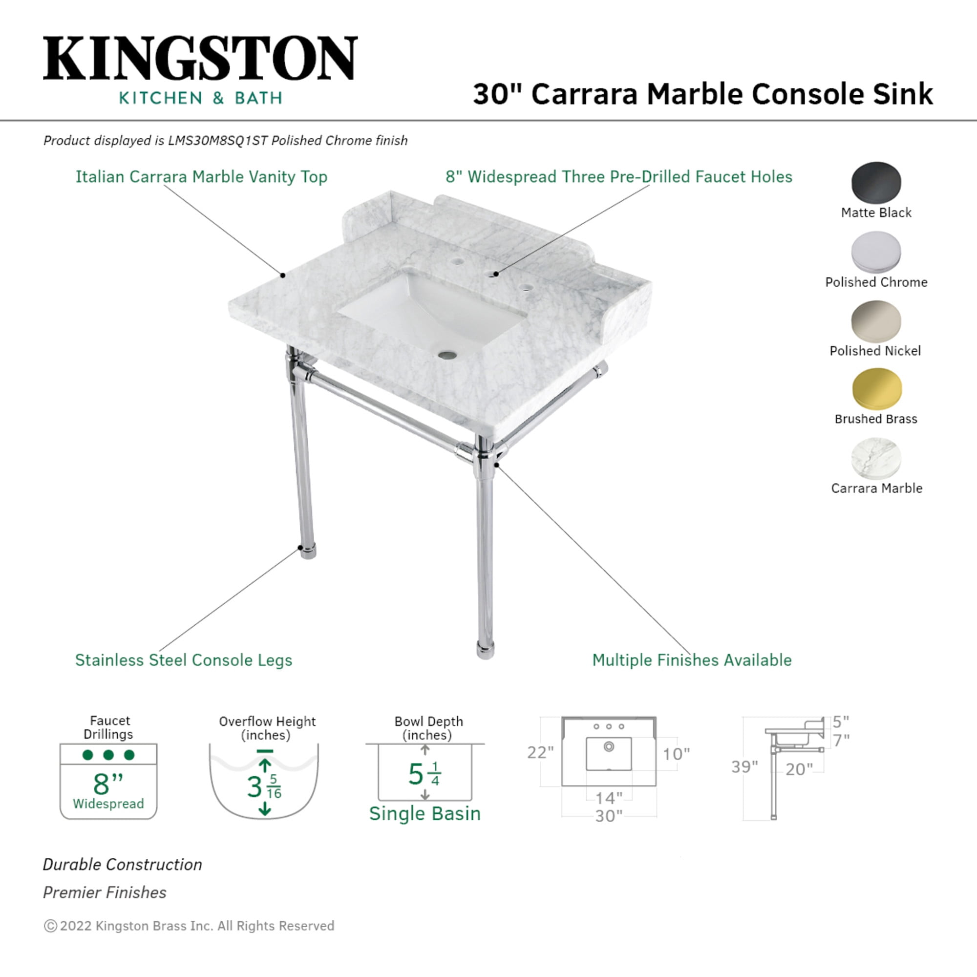 Kingston Brass LMS30M8SQ6ST Wesselman 30" Carrara Marble Console Sink with Stainless Steel Legs (8-Inch, 3-Hole), Carrara Marble White/Polished Nickel