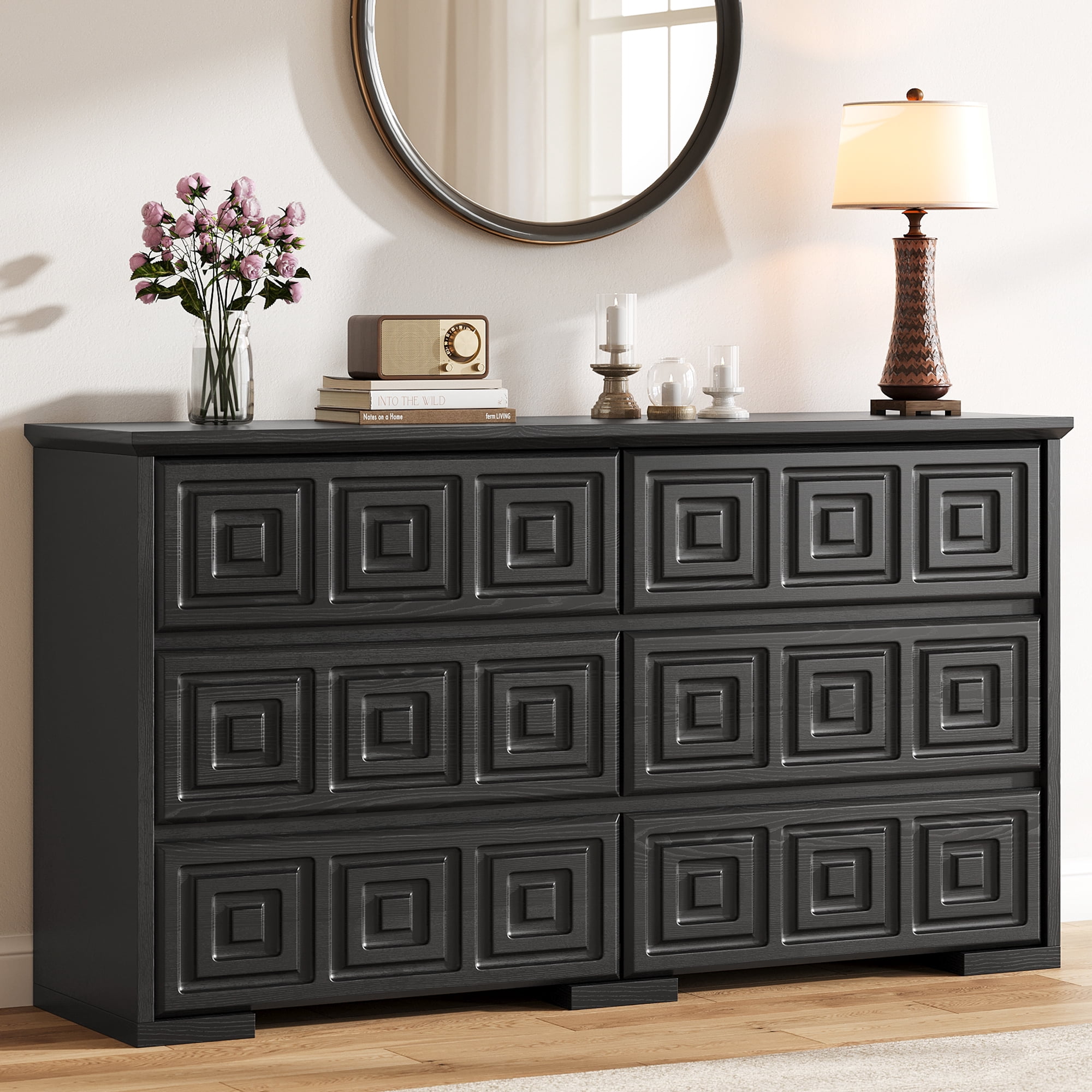 Aufeile Farmhouse Dresser for Bedroom, 54" Wide 6 Drawer Dresser with Carved Panels, Rustic Wooden Chest of Drawers, Long Bedroom Dresser Storage Cabinet for Living Room, Black
