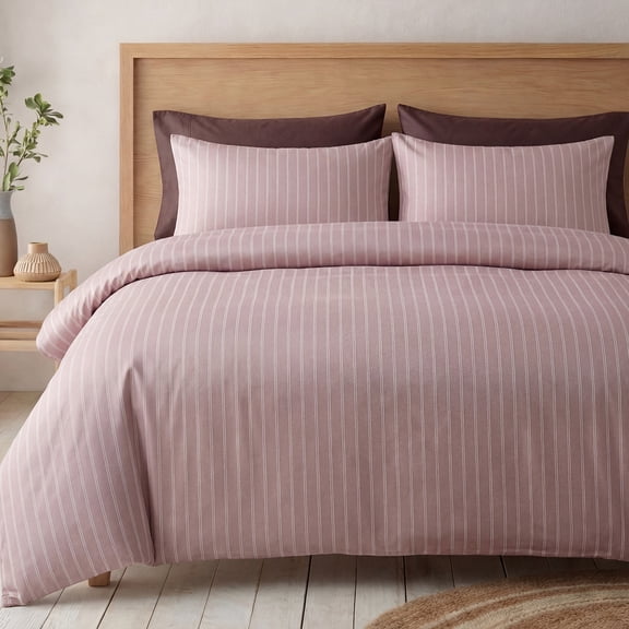 100% Cotton Striped Duvet Cover Set Queen Size,300TC Luxury Sateen Duvet Cover,Dusty Rose Fine Stripes Bedding Set, Silky Smooth Hotel Style Room Decor 3 Pcs Cotton Comforter Cover