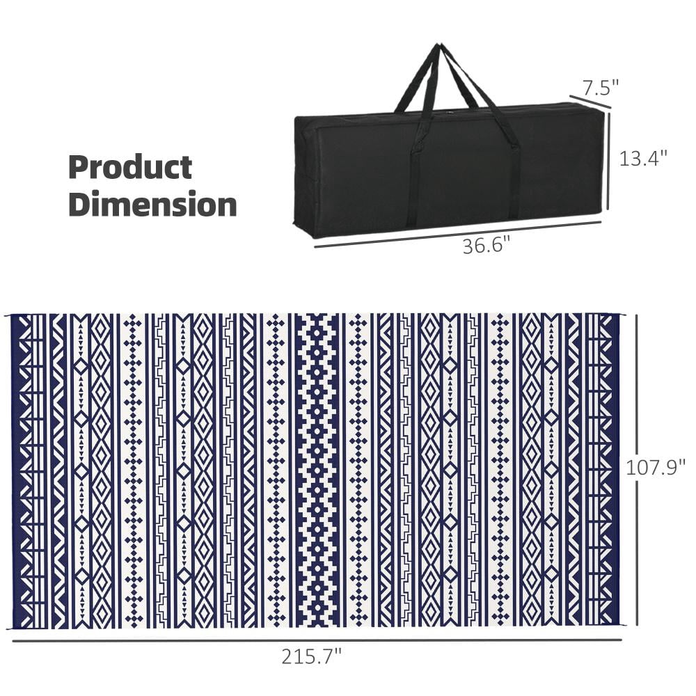 9' x 18' Blue and White Geometric Wall Reversible Outdoor Patio Rug, Waterproof Plastic Straw RV Camping Rug with Carry Bag, Foldable Fade Resistant Mat