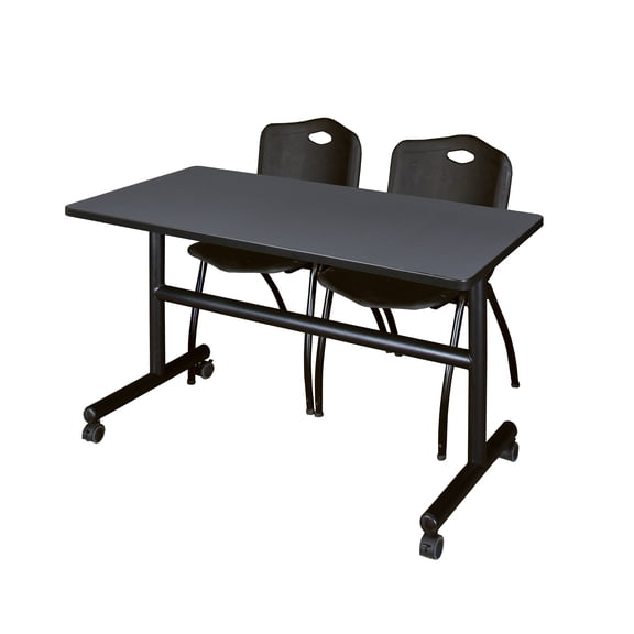 Regency Kobe 48 x 30 in. Flip-Top Training Nesting Table- Grey, 2 M Stack Chairs- Black