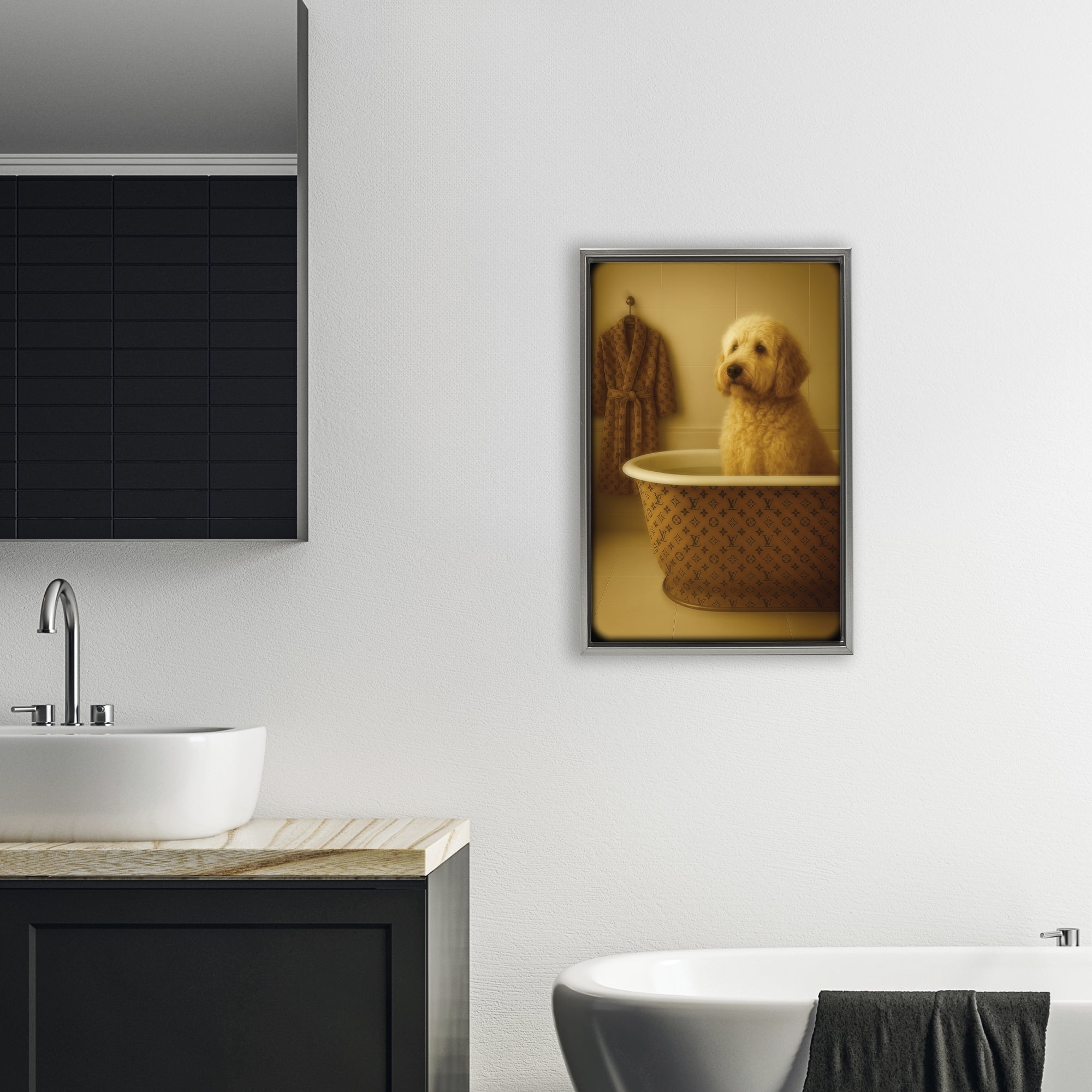 Stupell Industries Couture Dog in Luxury Tub Gray Framed Floater Canvas Wall Art, design by Grotto Studios