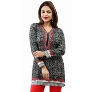Maple Clothing Short Kurti Top Tunic Women's Printed Blouse India Clothing (Black/Red, XL)