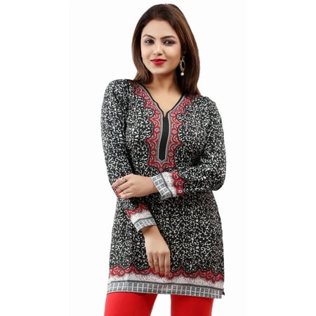 Maple Clothing Short Kurti Top Tunic Women's Printed Blouse India Clothing (Black/Red, XL)