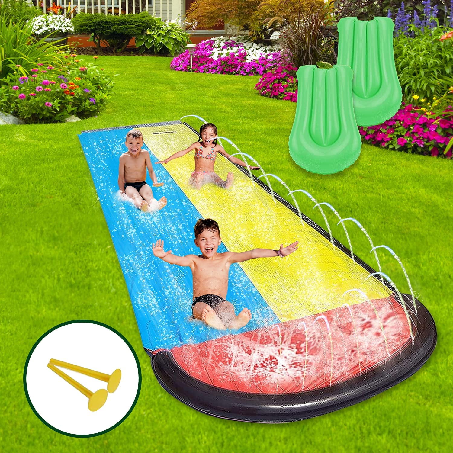 N/K Water Slide Lawn Water Slides Thick Durable Racing Slip Slide Mat with Splash Sprinkler and Inflatable Crash Pad Inflatable Spray Water Toy for Kids Adults Outdoor Game 