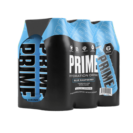 Prime Hydration Sports Drink, Blue Raspberry, 16.9 fl oz, 6 Pack, Bottles