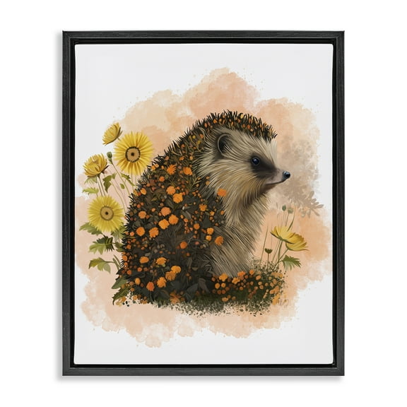 Stupell Industries Wildflower Patterned Hedgehog Animals & Insects Painting Black Floater Framed Canvas Art Print Wall Art, 17 x 21
