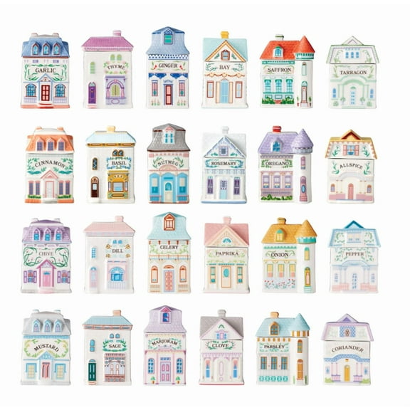 Lenox Spice Village 24-Piece Porcelain Spice Jar Set – Second Edition – Hand-Painted Collectible Jars with Airtight Lids – Vintage-Inspired Kitchen Decor – No Spices or Rack Included
