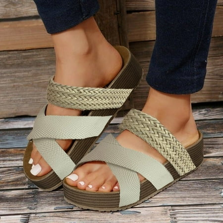 

XIAQUJ Ladies Vintage Fashion Summer Solid Leather Knitted Open Toe Thick Sole Sandals Sandals for Women Beige 6.5(37)