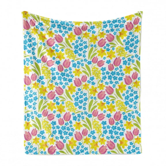 Floral Soft Flannel Fleece Throw Blanket, Illustration of Springtime Meadow with Flowers Daffodils Tulips Mimosas, Cozy Plush for Indoor and Outdoor Use, 50" x 60", White and Multicolor, by Ambesonne