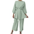 thumbnail image 2 of Tbopshirt Women's 2 Piece Outfits Women's Loose Solid Color Casual Set Lace Up Long Sleeve Round Neck Top+Pants Set Wide Leg Pants, 2 of 5