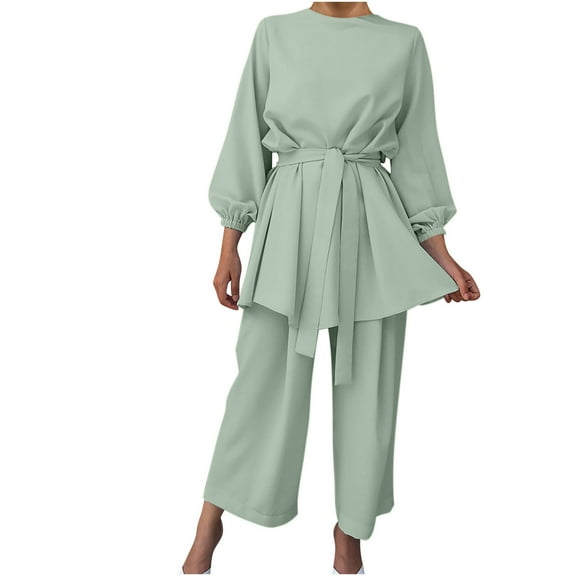 ShomPort 2 Piece Outfits for Women Trendy Round Neck Long Sleeve Tunic Shirts & Belt and Wide Leg Pants Fashion Set