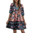 thumbnail image 2 of KOMOO Women Bohemian Short Dress Ethnic Floral V-Neck Puff Sleeve Loose Dress Swing Beach Dress, 2 of 4