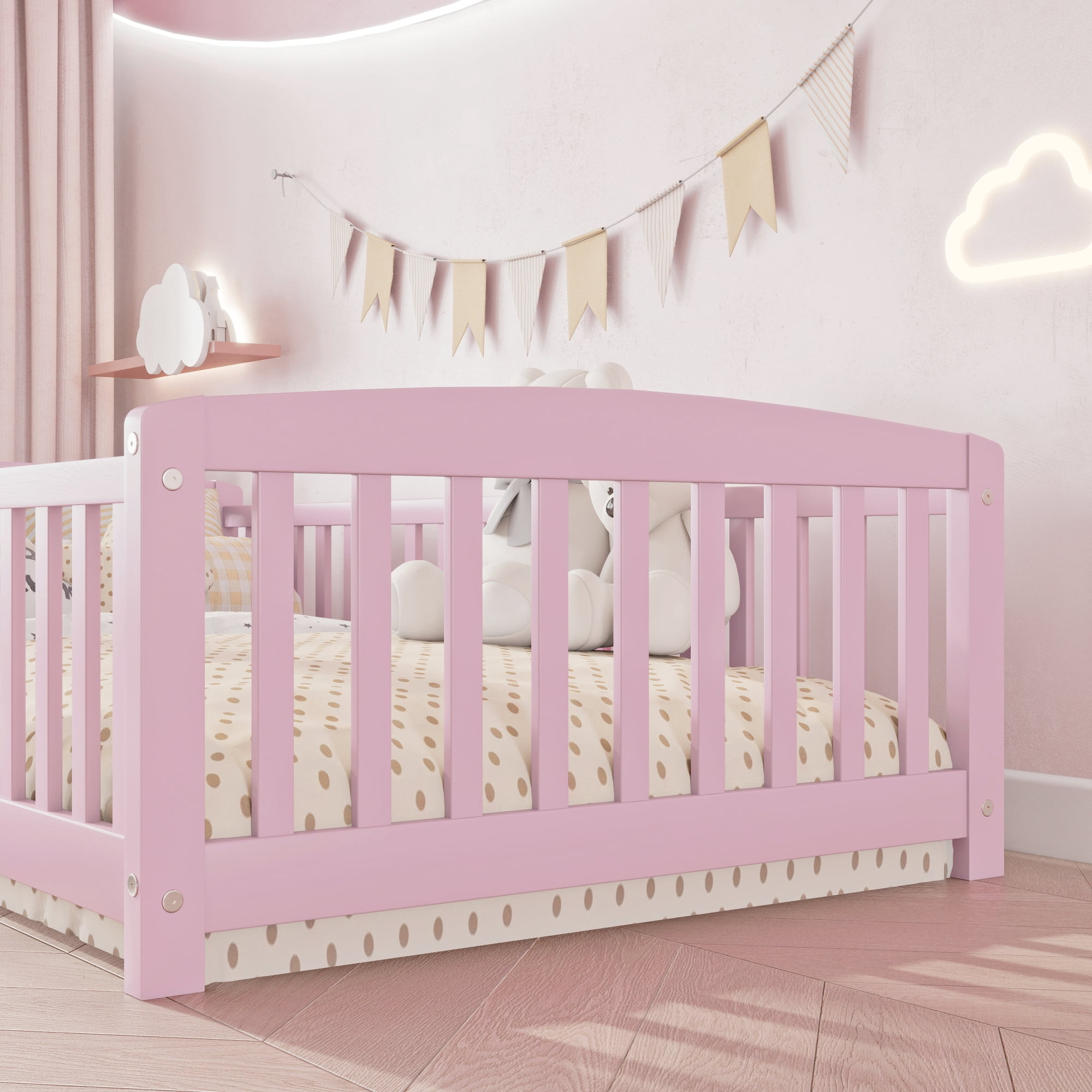 Leumius Twin Size Floor Fence Bed with Central Entrance, Pine Wood Floor Bed with Guardrails for Boys Girls Pink