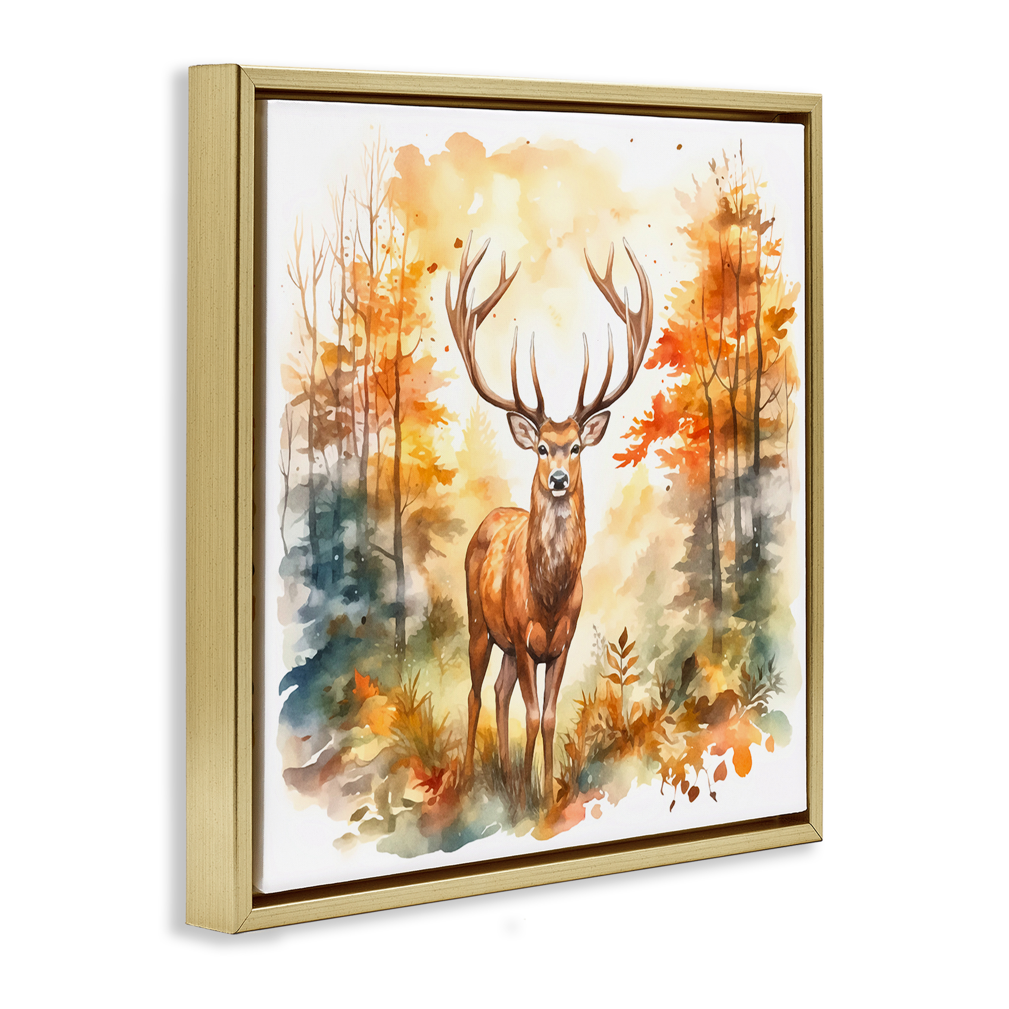 Stupell Industries Autumn Forest Stag Landscape Painting Gold Floater Framed Canvas Art Print Wall Art, 25 x 25