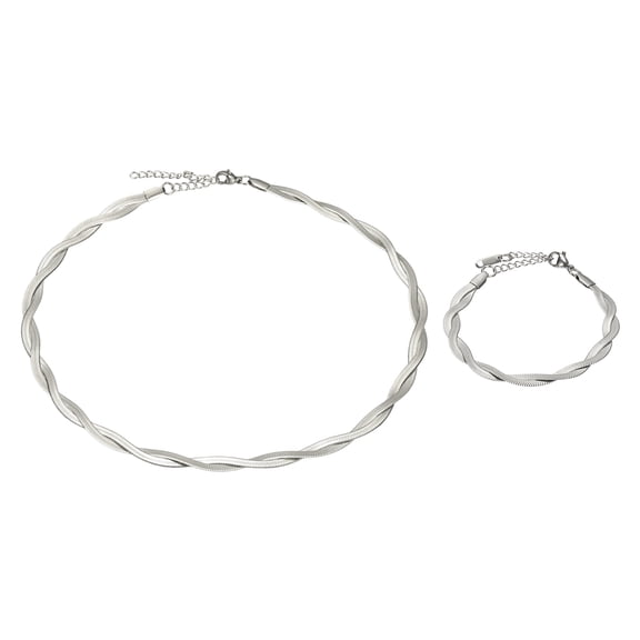 Uxcell 1set Snake Chain Necklace, 16" 2" Braided Chain with Bracelet, Silver