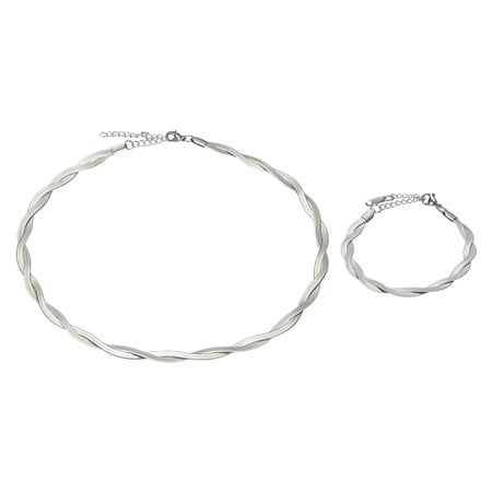 Uxcell 1set Snake Chain Necklace, 16"+2" Braided Chain with Bracelet, Silver