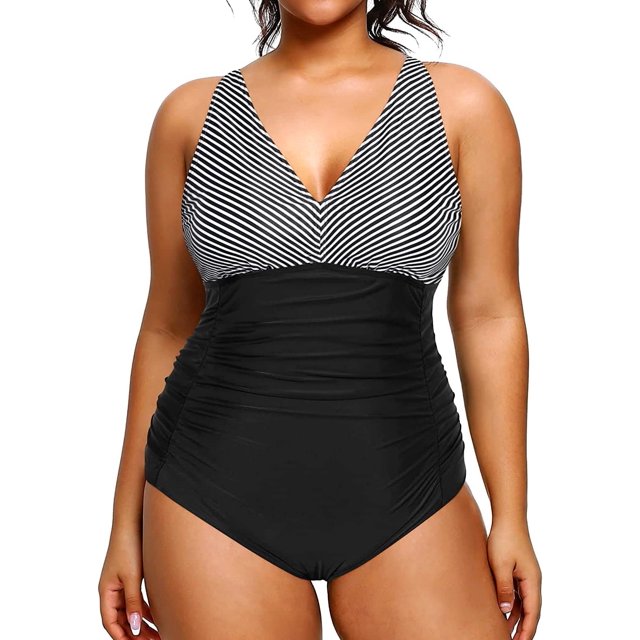 GHSDFBB Women Plus Size One Piece Swimsuits V Neck Tummy Control Bathing Suits Retro Ruched Swimwear