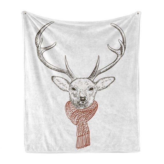 Antlers Soft Flannel Fleece Blanket, Illustration of a Deer Wearing Scarf Knitted Neck Wintertime Cold December, Cozy Plush for Indoor and Outdoor Use, 50" x 60", Redwood Grey White, by Ambesonne