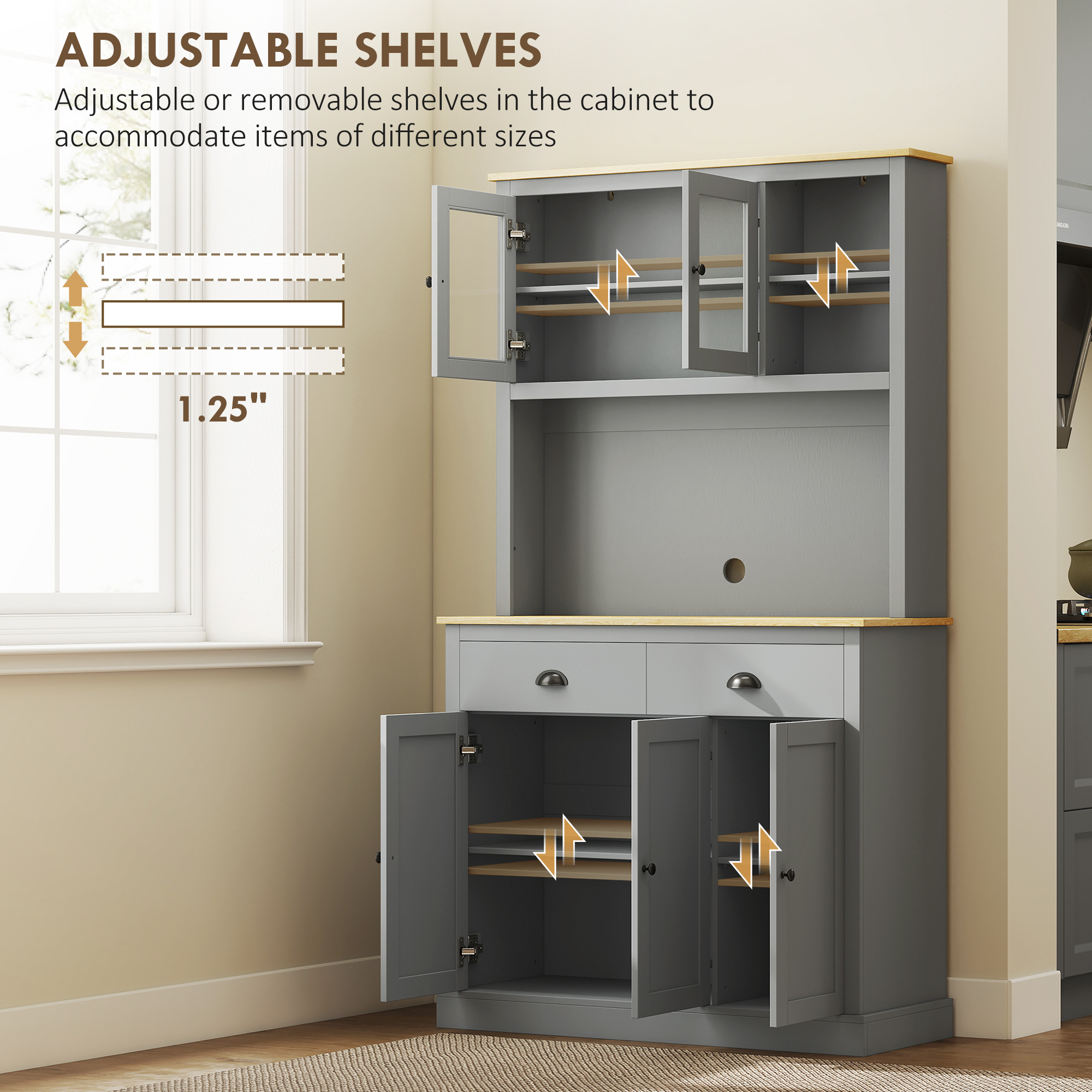 HOMCOM Kitchen Cabinet with Microwave Stand, 71" Pantry Cabinet, Gray