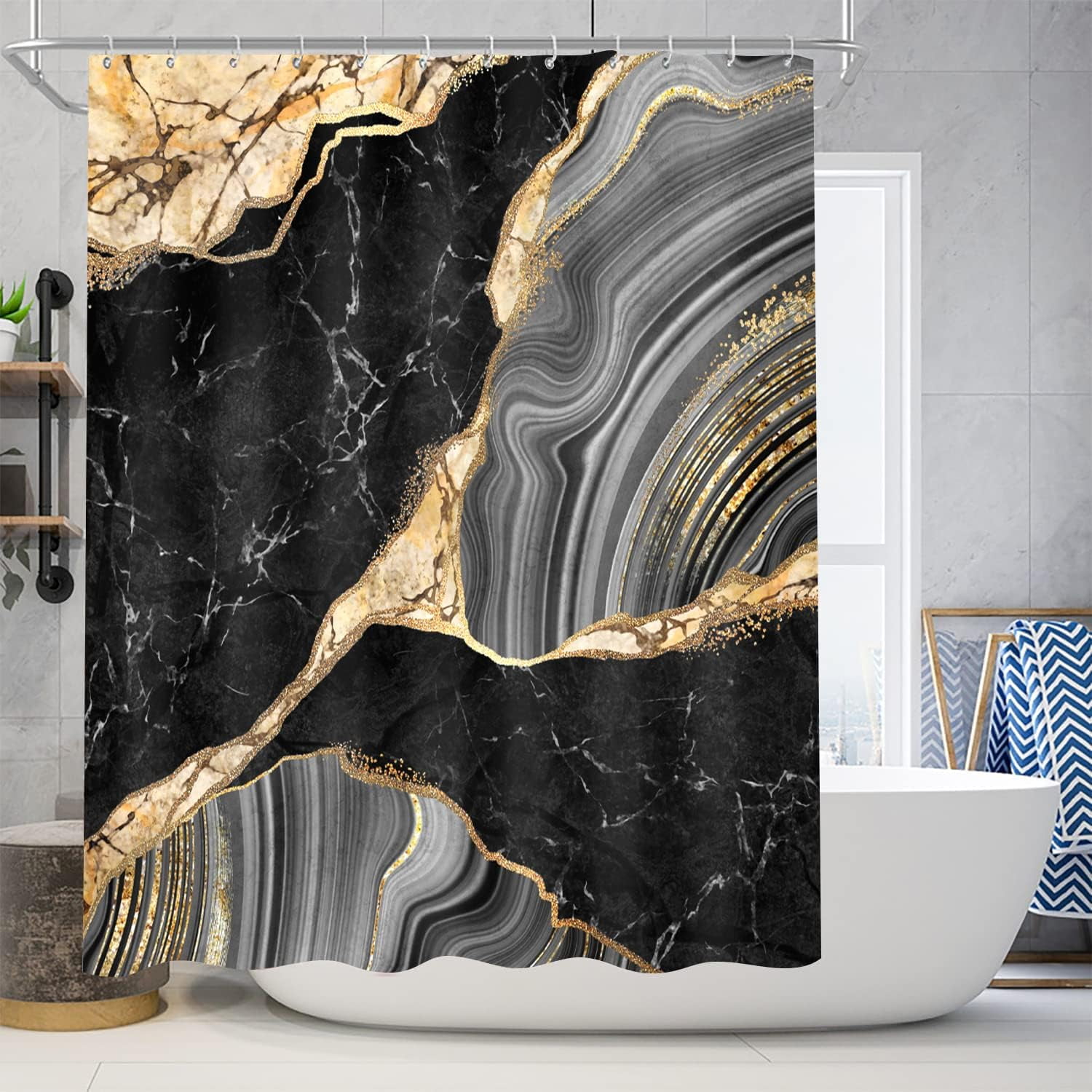 4 Pcs Black Marble Shower Curtain Sets with Rugs Gold Bathroom Sets with Shower Curtain and Rugs Modern Abstract Bathroom Decor Accessories Shower Curtains for Bathroom Toilet Lid Cover
