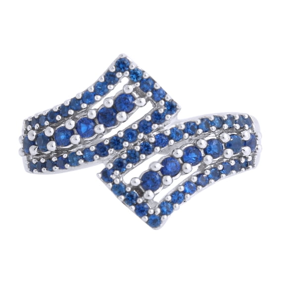 AFFY Simulated Blue Sapphire Bypass Ring in 14k White Gold Over Sterling Silver (0.90 Cttw), Ring Size- 4
