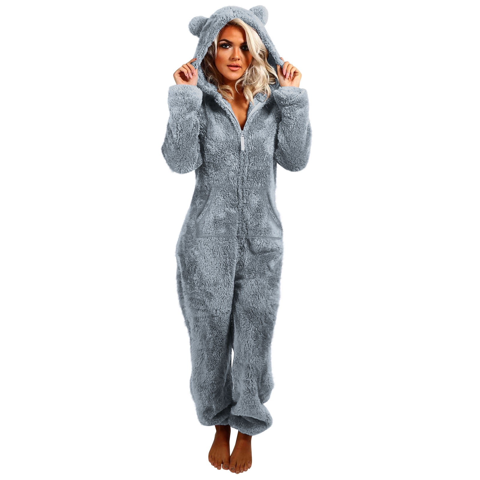 Xdegoge Fleece Jumpsuit Women Fuzzy One Piece Romper Zipper Long Sleeve Teddy Ears Jumpsuits Winter Warm Lounge Pajamas Loungewear with Pockets
