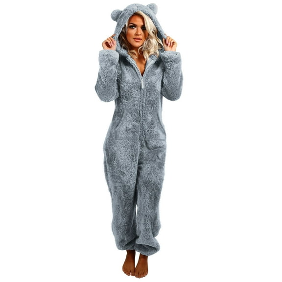 WMTBSRSW Women's Fuzzy Fleece Onesie Half Zip One Piece Pajamas with Cute Bear Ear Hood Winter Warm Long Sleeve Onesie Pajamas Jumpsuit Sleepwear