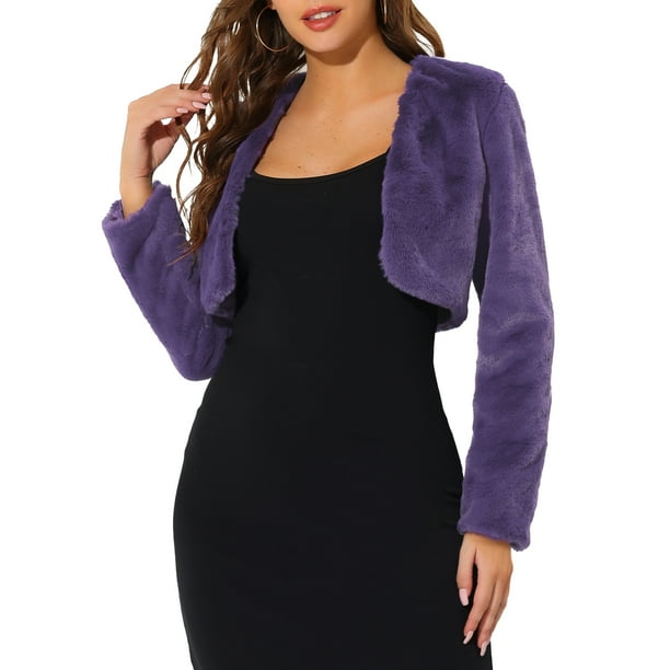 CHAQUETA CORTA DE FALSO PELO SIN CUELLO DE MANGA LARGA PARA MUJERES INSPIRADA EN CHIC TALLA XS MORADO