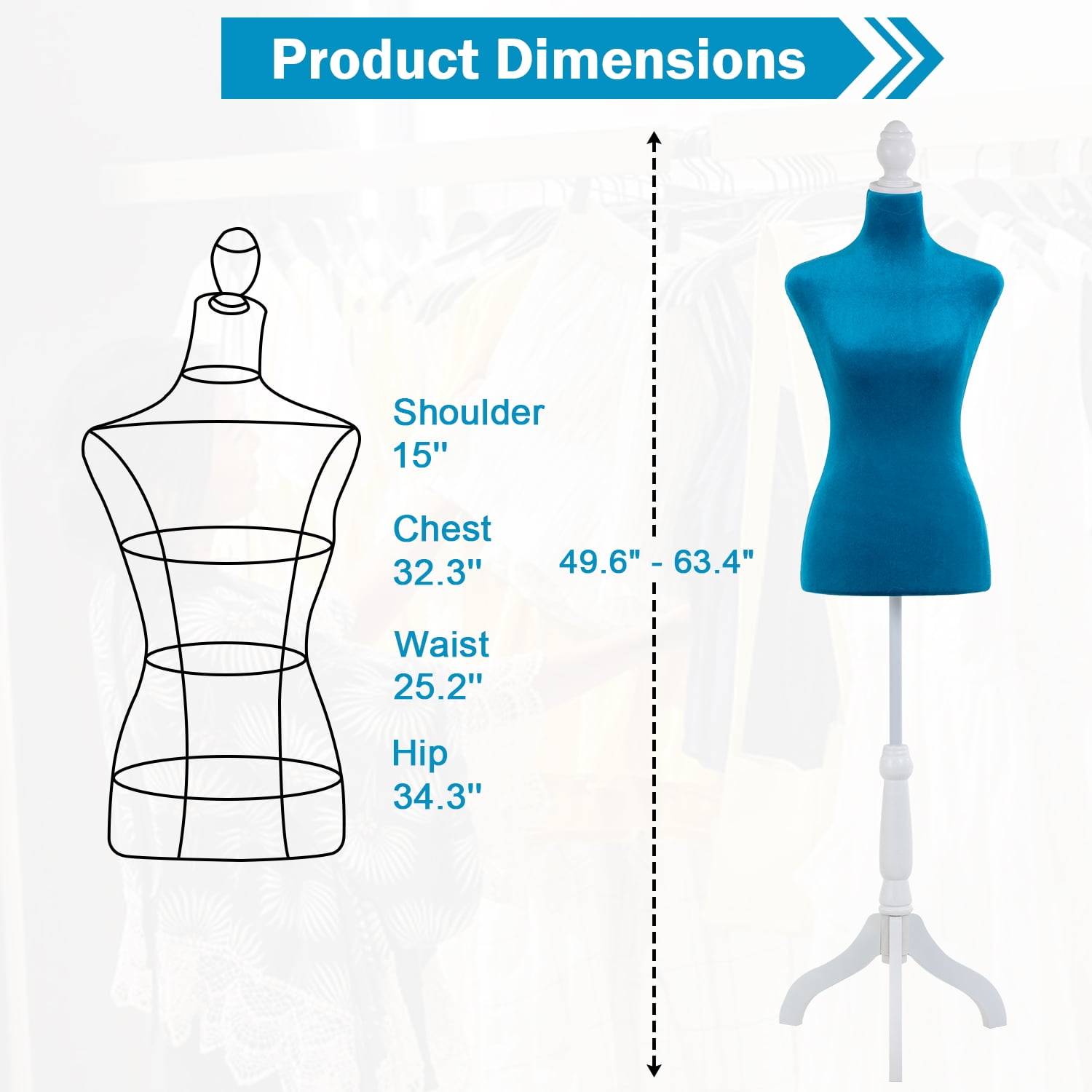 49"-63" Height Dress Form Mannequin Adjustable Female Mannequin Torso Sewing Mannequin Female Dress Model Torso Body Tripod Stand Clothing Forms, Blue